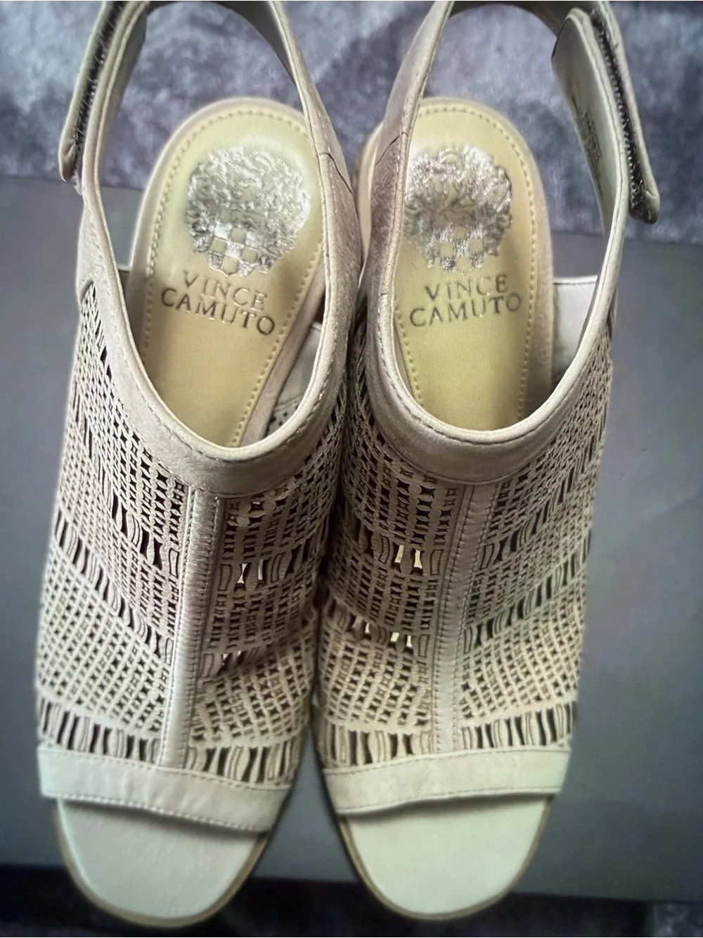 Vince Camuto Taupe Laser-Cut Peep-Toe Wedge Sandals